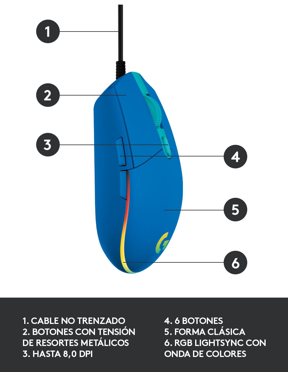 Mouse gamer alámbrico G203 azul 6