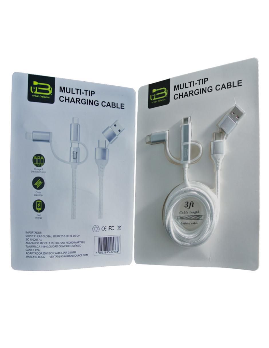 Cable lightning, micro USB y tipo C a tipo USB A de 1 m