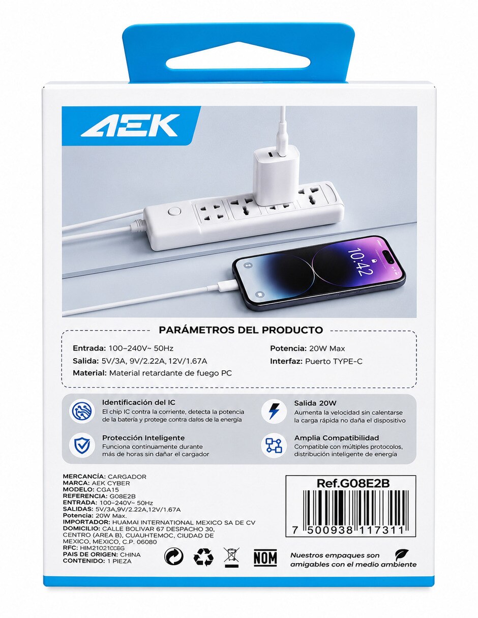 Cargador pared de 20 W USB + USB tipo C G08E2B