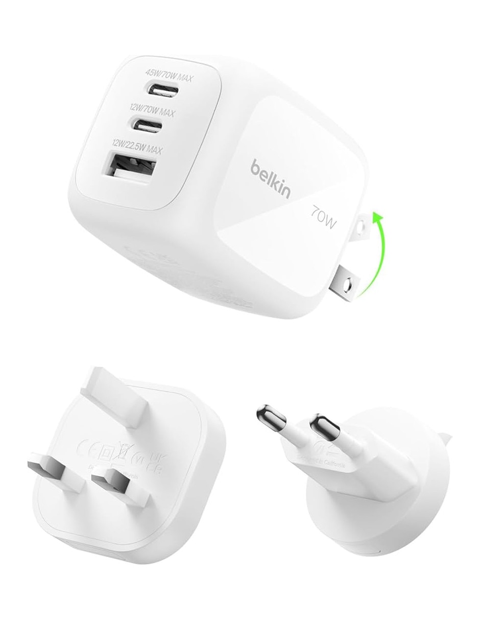 Cargador pared GaN de 3 puertos + kit viaje USB + USB tipo C 70 W 1