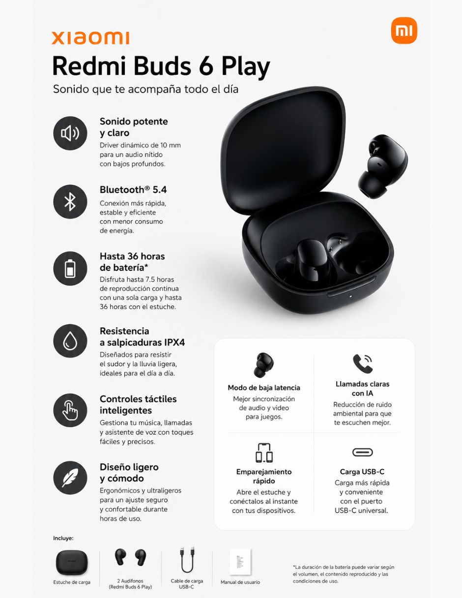 Audífonos In-Ear Buds 6 Play Negro inalámbricos 6