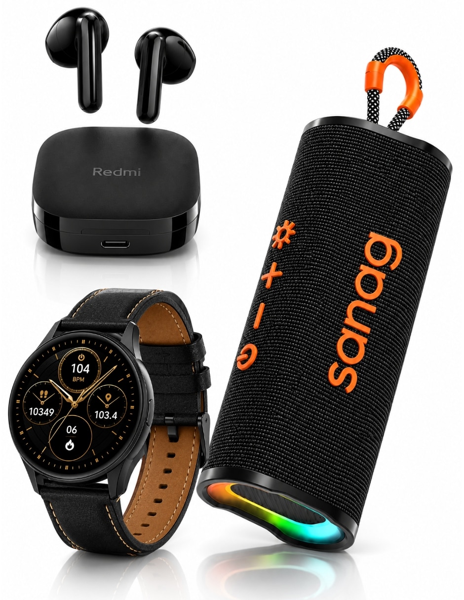 Audífonos True Wireless Redmi Buds 6 Active con Smartwatch G-TIDE R5 y Bocina SANAG M15 Negra Inalámbrica con cancelación de ruido
