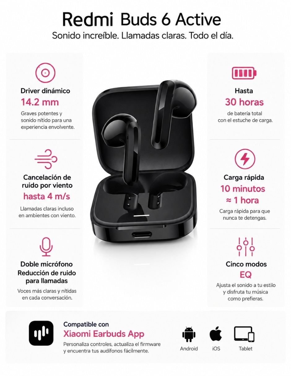 Audífonos True Wireless Redmi Buds 6 Active con Smartwatch G-TIDE R5 y Bocina SANAG M15 Negra Inalámbrica con cancelación de ruido 7