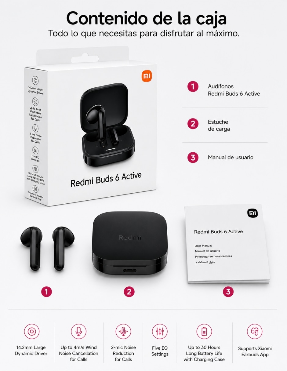 Audífonos True Wireless Redmi Buds 6 Active con Smartwatch G-TIDE R5 y Bocina SANAG M15 Negra Inalámbrica con cancelación de ruido