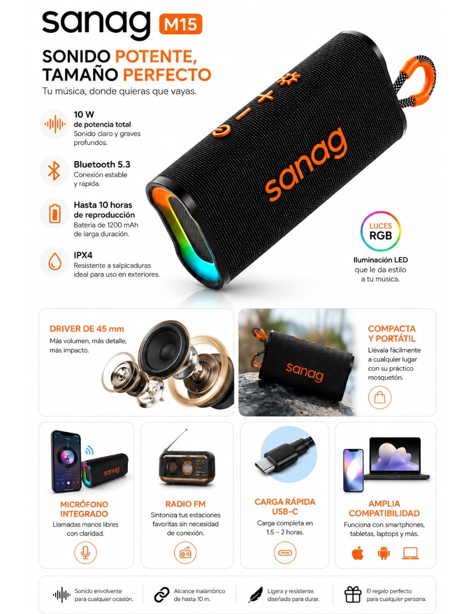 Audífonos True Wireless Redmi Buds 6 Active con Smartwatch G-TIDE R5 y Bocina SANAG M15 Negra Inalámbrica con cancelación de ruido