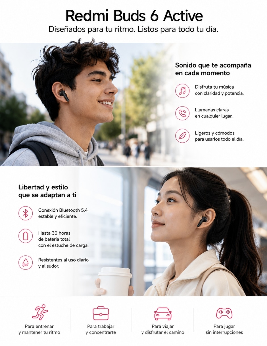 Audífonos True Wireless Redmi Buds 6 Active con Smartwatch G-TIDE R5 y Bocina SANAG M15 Negra Inalámbrica con cancelación de ruido 10