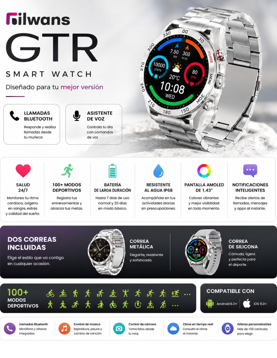 Bocina recargable bocina sound pocket azul con smartwatch filwans gtre plata y audífonos hh more t-55 bluetooth 10
