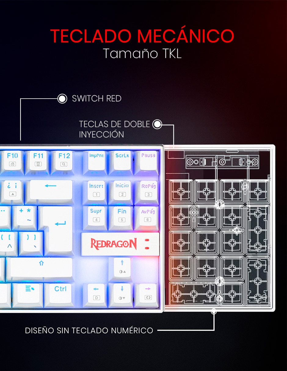 Teclado gamer USB-C QWERT español con interruptor Lineal Red Black K552 Kumara Blanco 3