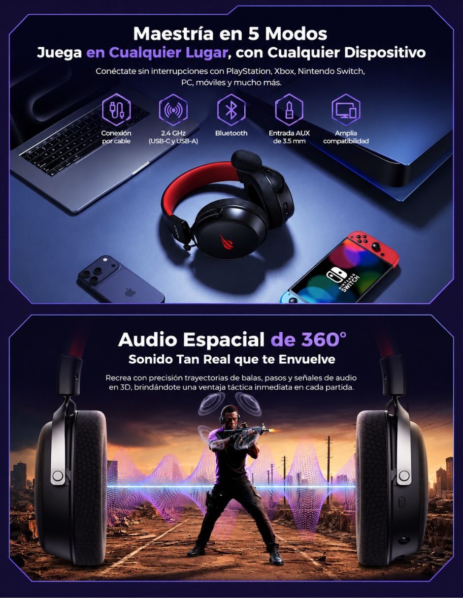 Audífonos de diadema Gamenote H2015 Pro Negro alámbricos e inalámbricos con cancelación de ruido 3