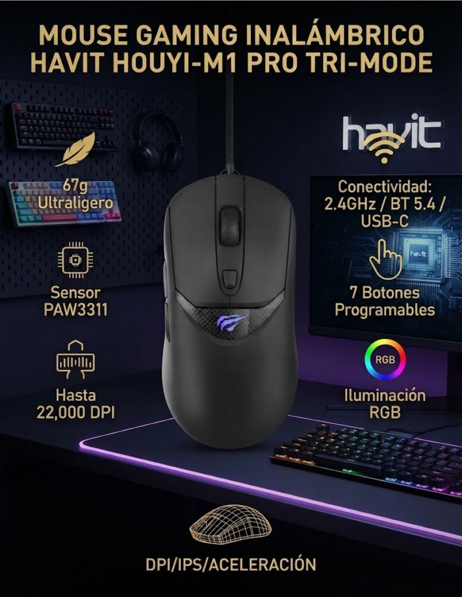 Mouse gamer mouse gaming havit houyi m1 pro inalambrico tri-mode rgb 3