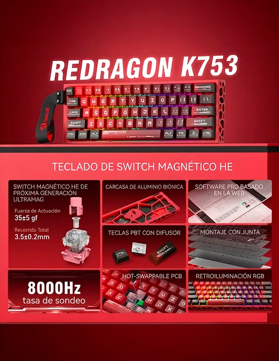 Teclado gamer USB-C QWERT inglés con interruptor Lineal (Red Black) VENOM MAGNETIC K753 8