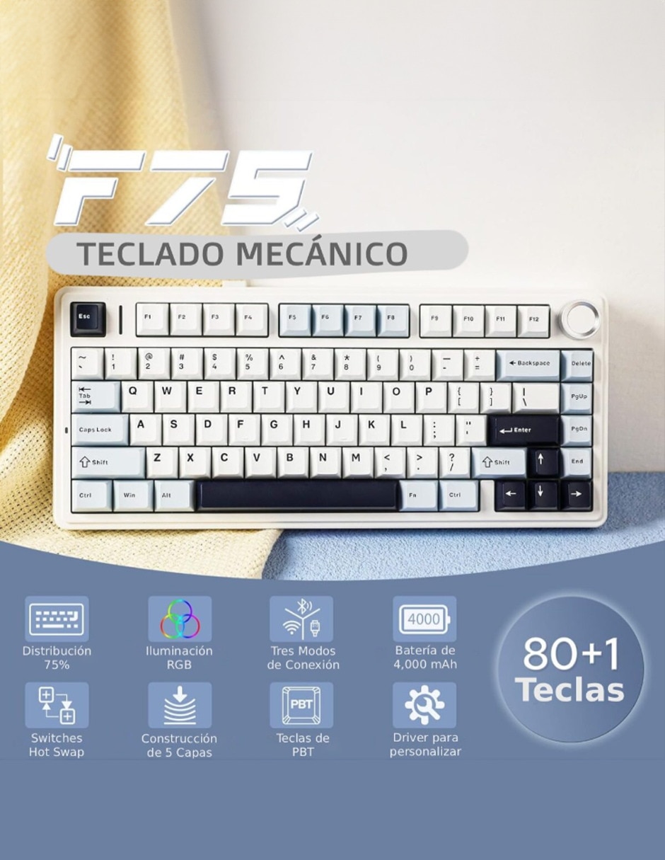Teclado gamer usb-c qwert inglés con interruptor lineal (red black) f75 white/blue/black 2