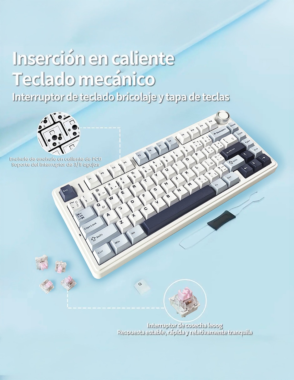 Teclado gamer usb-c qwert inglés con interruptor lineal (red black) f75 white/blue/black 7