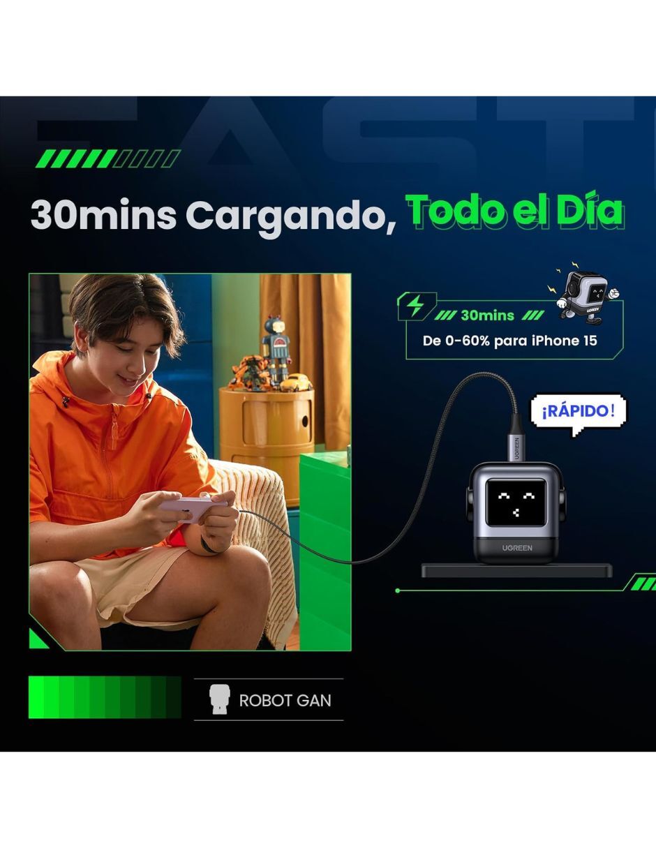 Cargador pared Nexode Tipo C carga rápida GaNRobot USB tipo A + USB tipo C 65 W 7