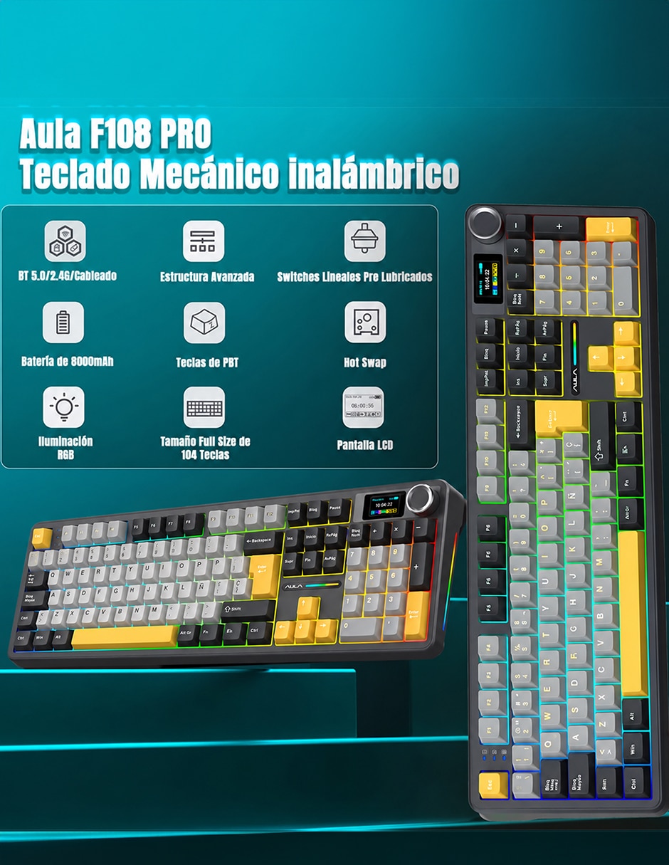 Teclado gamer alámbrica e inalámbrica qwert español con interruptor lineal (red black) f108 pro 6